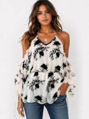 NWT: Alice & Olivia Holden Embroidery Draped Cold Shoulder Blouse